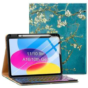 VIKESI Keyboard Case for iPad (A16,2025) 11th Generation/iPad 10th Generation Case (10.9" 2022),Premium Leather Smart Cover,Built-in Breathing Light,Function Row,Pencil Holder,Card Slots - Blossom