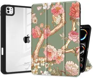 MEEgoodo Cover for M4 iPad Pro 11 inch Case 2024, Tablet Cases with Transparent Acrylic Back Shell +Trifold Stand + Pencil Holder + Auto Wake/Sleep, Trees & Rose