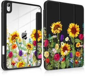 MEEgoodo Case for iPad A16 11th Generation 11 inch 2025/10th Gen 10.9 inch 2022, Cover with Transparent Acrylic Back Shell,Tablet Case with Pencil Holder+Auto Wake/Sleep+Trifold Stand, Sunflowers