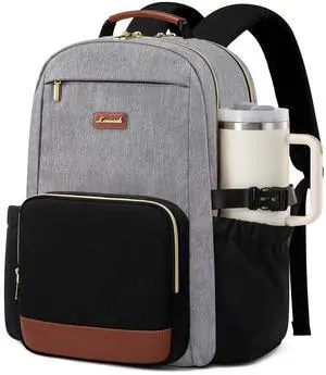 LOVEVOOK Laptop Backpack for Women with Pouch Pocket for Large Capacity Cup,15.6 Inch Teacher Nurse College Work Backpack Purse,Waterproof Laptop Bag Computer Back Pack for Travel, Grey-Black-Brown