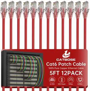 5 Feet Cat6 Patch Cables(12 Pack), Solid Pure Copper Patch Cord, Cat 6 Ethernet Cable, UTP Network, High Speed RJ45 Internet Cables, Compatible for Router, Switche, PC, Server, PS4/5, Xbox - Red