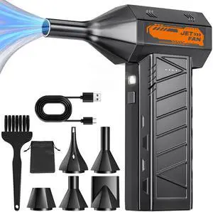 AUDEETO Compressed Air Duster - Cordless Mini Electric Air Duster with Led Light, 3 Adjustable Speeds & 5 Nozzles Storage Bag- Perfect for PC, Car, Outdoor & Home Cleaning (Black)