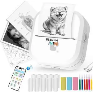 AdamStar Sticker Printer Print Pod, Mini Portable Printers with 13 Rolls Paper, Inkless Sticker Maker Bluetooth Pocket Printer for DIY,Crafts,Journal,Study,Work,Label Compatible Phone&Tablet