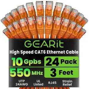 GEARit Cat 6 Ethernet Cable (24-Pack 3 Feet) Cat6 Network Patch, 10Gbps, RJ45, Snagless Cord, Gold-Plated Connectors, Internet for PC, TV, Tablet, Router, Printer, Servers, IT Data Center - Orange GEARit Cat 6 Ethernet Cable (24-Pack 3 Feet) Cat6 Network Patch, 10Gbps, RJ45, Snagless Cord, Gold-Plated Connectors, Internet for PC, TV, Tablet, Router, Printer, Servers, IT Data Center - Orange