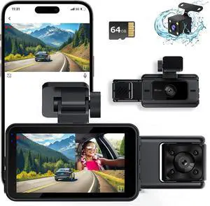 Dash Cam Front and Rear, Dash Camera for Cars, Car Camera with 64GB Card, G-Sensor, 3 IPS Screen, 24Hr Parking, 170Wide Angle, Loop Recording, IR Night VisionG-Sensor Dash Cam Front and Rear, Dash Camera for Cars, Car Camera with 64GB Card, G-Sensor, 3 IPS Screen, 24Hr Parking, 170Wide Angle, Loop Recording, IR Night VisionG-Sensor