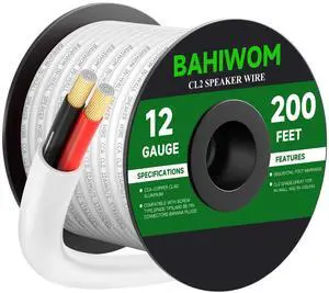 BAHIWOM 12 Gauge 200FT Speaker Wire CCA 2 Conductors Cord CL2 Rated Speaker Cable for Indoor,in-Wall,in-Ceiling,Home Theater & Commercial Audio with White PVC Jacket BAHIWOM 12 Gauge 200FT Speaker Wire CCA 2 Conductors Cord CL2 Rated Speaker Cable for Indoor,in-Wall,in-Ceiling,Home Theater & Commercial Audio with White PVC Jacket