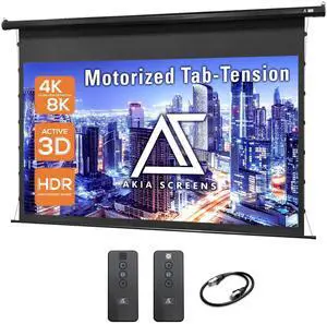 Akia Screens 105" Motorized Tab Tension Projector Screen, 16:9 Retractable Projection Screen, UST, Short & Standard Throw Compatible, 4K Indoor Home Theater Screen, Black Case, AK-ELT105H Akia Screens 105" Motorized Tab Tension Projector Screen, 16:9 Retractable Projection Screen, UST, Short & Standard Throw Compatible, 4K Indoor Home Theater Screen, Black Case, AK-ELT105H