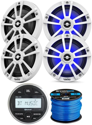 Gauge Style Rear USB/AUX Bluetooth Marine Digital Media Receiver Bundle with 4X 6.5 Coaxial 225 Watt Max Power Waterproof White Powersports LED Speakers, 16 Gauge Speaker Wire Gauge Style Rear USB/AUX Bluetooth Marine Digital Media Receiver Bundle with 4X 6.5 Coaxial 225 Watt Max Power Waterproof White Powersports LED Speakers, 16 Gauge Speaker Wire