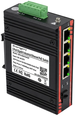 ZHONGPXY Industrial Ethernet PoE Switch 4Gigabit RJ45 (IEEE 802.3af/at, 30W PoE) + 1Fiber ^^ 5-Port Unmanaged DIN-Rail Switch ^^ IP40 Aluminum ^^ 4857V DC ^^ -40~80 ZHONGPXY Industrial Ethernet PoE Switch 4Gigabit RJ45 (IEEE 802.3af/at, 30W PoE) + 1Fiber ^^ 5-Port Unmanaged DIN-Rail Switch ^^ IP40 Aluminum ^^ 4857V DC ^^ -40~80