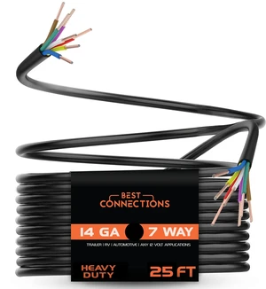 BEST CONNECTIONS 7 Way Trailer Wire (25 Feet) Heavy Duty 14 Gauge 7 Conductor Insulated Cable Durable, Weatherproof, Color-Coded 7 Way Trailer Wiring Extension for RV Trailer and Automotive BEST CONNECTIONS 7 Way Trailer Wire (25 Feet) Heavy Duty 14 Gauge 7 Conductor Insulated Cable Durable, Weatherproof, Color-Coded 7 Way Trailer Wiring Extension for RV Trailer and Automotive