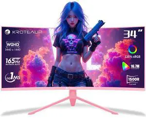 Kroteaup Pink 34 Inch Curved Gaming Monitor, 3440x1440 165Hz Ultrawide Computer Monitor, HDR400 1500R -Pip 1ms(Mprt) 125% sRGB, Dci-P3 92%, HDMI/DP, Port, Suitable For Games And Office Work