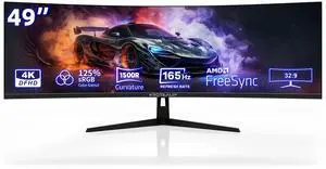 49 Inch Curved Ultrawide Gaming Monitor, 4K (3840x1080P), 165Hz, HDR10 1500R, 32:9, AMD FreeSync, 125% sRGB, Computer Monitor, HDMI/DP VESA100*100mm Black