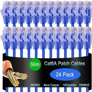 Lysymixs Cat6a Slim Ethernet Cable 1.5 ft (24 Pack) - Cat 6 Patch Cable 10G for Data Centers, Home and Enterprise Network - Blue