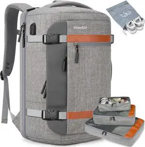 Velaybor 42L Travel Backpack with 4 Packing Cubes, TSA Friendly Flight Approved Carry-On Bag with USB Charging Port, Water-Resistant Weekender Business Backpack for Men Women, Fits 17.3" Laptop(Grey)