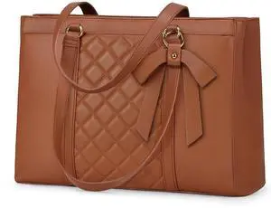 RAINSMORE Laptop Bag for Women 15.6 Inch Work Tote Bags Waterproof Leather Laptop Tote Professional Computer Briefcase Large Capacity Handbag for Office Teacher Travel, Brown