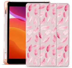 MAYCARI Original Pink Feathers Case for iPad Pro 11 Inch Case 2022/2021/2020 with Pencil Holder, Feather iPad Pro 4th/3rd/2nd Generation Soft TPU Back Protective Cover, Auto Sleep/Wake Slim Shell