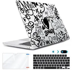 HOHAIYOO for MacBook Air 15 inch Case 2025 2024 2023 Release A3241 M4 A3114 M3 A2941 M2 Chip with Retina Display&Touch ID, Protective Hard Shell+Keyboard Cover+Screen Film+Webcam Cover, Black Graffiti
