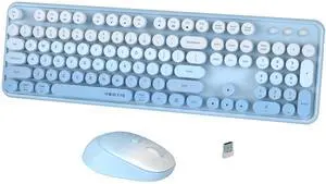 FCPLU xUBOTIE Wireless Keyboard and Mouse Combo, 104-Key Colorful Round Keycap, QWERTY Layout, 2.4GHz, Power Button, Plug Play for PC Laptop (Blue)
