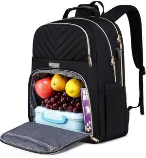 Kuosdaz Lunch Backpack for Women, Water Resistant Insulated Cooler Lunch Bag, 15.6 inch Laptop Backpacks with USB Port, Picnic Backpack with Lunch Box for College Work Camping Beaches, Black