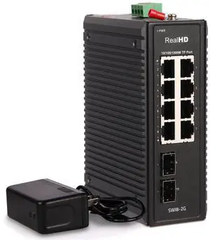 Industrial Ethernet Switch, 10-Port Gigabit Din Rail Switch, 1000Mbps, 8 Ethernet Ports + 2 SFP Port, Din Rail & Wall Mountable (-40 to 185 F), 20Gbps Switching Capacity, with UL Power Supply