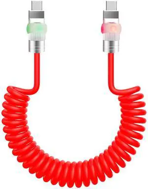 chubbycable Neon Chubby - Neon Glow Fast Charge Spring Cable with Gradient Illumination Coiled USB C Cable for Car, Red, Type-C to Type-C, 1.64FT-4.43FT