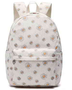 MININAI Kawaii Corduroy Backpack for Women Cute Floral Print Aesthetic Travel Book Bag Coquette Preppy College Laptop Daypack (Yellow Daisy)