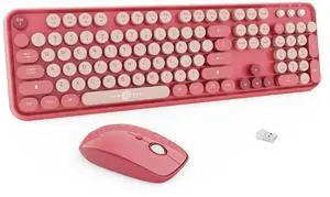 Wireless Keyboard and Mouse Combo, 104 Round Keys Cute Colorful Keyboard and Mouse with Retro Typewriter for PC/Mac/Laptop/Tablet/Computer/Windows Rose