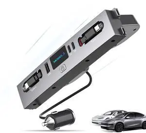 Mowlicas Max 132W Dual Type-C USB Hub, Tesla New Model 3 Highland (2025/2024) Accessories, 5 in 1 Fast Charger for iPhone 16/15 Series, 2-Retractable Cable & 3-Port Docking Station