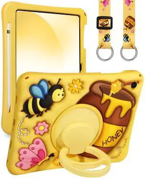 Boaretiu for Galaxy Tab A9 Plus Case - Cute Cartoon with Shoulder Strap & Rotating Stand & Pencil Holder for Girls Boys Teens Silicone Yellow for Samsung Galaxy A9+ Tablet Case 11 Inch 2023