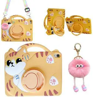 3D Cute Vivid Cat Case for iPad mini 7 (A17 Pro) 2024/Mini 6 2021 8.3 inch,Kawaii Cartoon Character Pretty Cat Soft Silicone Rotating Stand Case with Lanyard for Kids Teens Girls Women