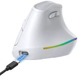 57° Wireless Ergonomic Mouse, Vertical Mouse, Carpal Tunnel Mouse, RGB Light, Rechargeable, Bluetooth & 2.4G, 5-level DPI Adjustment, Quiet Click Ergo Mice Compatible with PC, Laptop, Mac, White