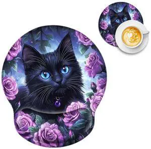 Black Cat Purple Roses Patterns Ergonomic Mouse Pad with Wrist Support, Cute Computer Desk Mouse Pad Set with Gel Wrist Rest for Office Gaming, Soft Non Slip Girly Mousepad for Women