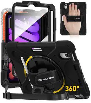 BRAECN for iPad mini 7 (A17 Pro) 2024/Mini 6 2021 Case 8.3 Inch Heavy Duty Screen Protector Full Body Protective Shockproof Pencil Holder 360°Rotating Stand Handle & Shoulder Strap Kids-Friendly