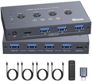 PVBCTCSID 10Gbps USB 3.2 Switch 4 Computers Share 4 Peripherals 4 Port USB Switcher for Mouse Keyboard Printer with Remote and Cables PVBCTCSID 10Gbps USB 3.2 Switch 4 Computers Share 4 Peripherals 4 Port USB Switcher for Mouse Keyboard Printer with Remote and Cables