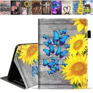 TBXOSTN Case for Amazon Kindle Fire 7 Tablet (7" Display, 9th/7th Generation, 2019/2017 Release), Premium PU Leather Stand Cover with Smart Auto Wake, Sunflower and Blue Butterfly