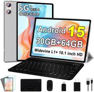 UJJ 2025 Android 15 Tablet 10 Inch Tablets with Keyboard, 30GB+64GB+1TB Expand, Octa-Core Tablets with 6000mAh Battery, HD IPS Display, 5G WiFi, Split Screen, Widevine L1 - Sliver