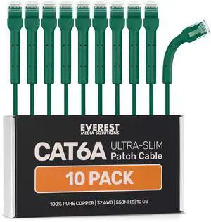 Everest Ultra Slim Cat6a Ethernet Patch Cables 2ft (10-Pack) Green - 10GB Cat 6a Patch Cable - Bendable, Flexible & Thin Ethernet Cable - Space Saving 32AWG 550MHZ Cat6a Cables - 100% Copper Wires