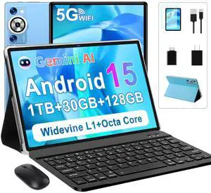 Android 15 Tablet 30GB RAM 128GB ROM 1TB TF, 2025 Electronics Tablets 10.1 Inch 8000mAh with Keyboard Mouse, 2.0GHz, 5G WiFi, BT 5.0, GMS Certified, Incell Display, Gemini AI - Metal Blue