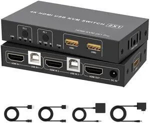 4K HDMI KVM Switch 1 Monitor 2 Computers 4K@60Hz, USB KVM Switches for 2 Computer Share Monitor 2 USB Ports for Keyboard Mouse, Support Extended/Mirror Mode with Desktop Controller 2 Wires Included