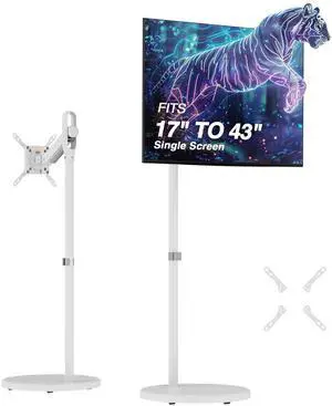 AVLT Single 17"-43" Inch Portable Monitor Arm TV Rolling Stand With Heavy Base for Screens Up to 22 lbs, Mechanical Spring Height Adjustment, Screen Rotation, Low Profile Base with Caster Wheel, White