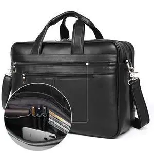 Augus Business Travel Briefcase Genuine Leather Duffel Bags for Men Laptop Bag fits 15.6 inches Laptop YKK Zipper (Black)
