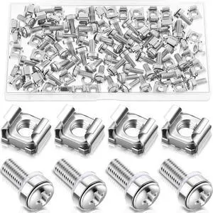 100 Sets M6 x 20 mm Rack Mount Cage Nuts, Screws and Washers for Rack Mount Server Cabinet Stainless Steel Silver Mounting Screws and Square Insert Nuts for Server Mounting Routers Shelves