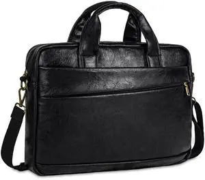 Faux Leather Messenger Bag for Men 15.6 Inch: Laptop Bag Briefcase Computer Handbags Shoulder Crossbody Bag with Padded Laptop Sleeve for Work College Travel, PU Black