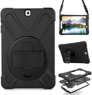 Shockproof Case for Samsung Galaxy Tab S2 9.7 2015 (SM-T810 T813 T815 T817 T818 T819),Portable Heavy Duty Tablet Cover with 360 Rotating Stand Handle Strap & Shoulder Belt Carrying Case (New Black)