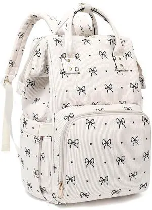 Dezcrab Laptop Backpack for Women, Corduroy College School Backpack Bookbag 15.6 inch Business Computer Travel Backpack (Bow Tie)