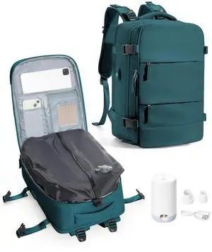 VENATIN Vacuum Travel Backpack with Pump, Travel Backpack with Vacuum System,Flight Approved 18 x 14 x 8 inches Personal Item Bag for Women,15.6 inch Laptop Backpacks, Peacock Blue