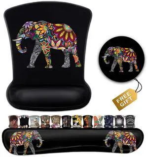 Ergonomic Mouse Pad with Gel Wrist Rest Support, Cute Colorful Elephant and Black Background Mouse Pads Desktop DecorationSuitable for Office Typing, Games Mouse Pads Non-Slip, Relieves Wrist Fatigue