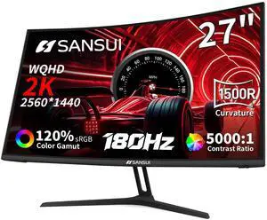 SANSUI 27 Inch WQHD 2560X1440 Curved Gaming Monitor, 180Hz MPRT 1ms Computer Monitor,HDMI2.0 * 2, DP1.2 * 2, Freesync, Curved 1500R, 5000:1 Contrast Ratio, 120% sRGB,HDR(ES-G27C1Q DP Cable Included)