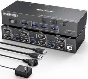 HDMI KVM Switch 2 Monitor 3 Computers, Reyoten Support 4K@60Hz USB 3.0 KVM Switches Share 2 Monitors and 4 USB 3.0 Ports, Support Extended/Copy Mode, with DC 12V Adapter