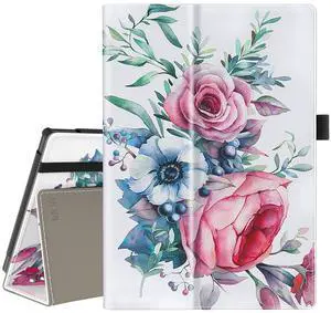 VORI Case for All-New Amazon Fire 7 Tablet (Only fit 12th Generation, 2022 Release), Slim Vegan Leather Folio Stand Smart Cover with Hand Strap and Auto Wake/Sleep for Kindle Fire 7 Tablet, Peony